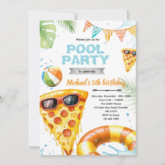 Cute pizza pool party theme invitation 招待状 (正面)