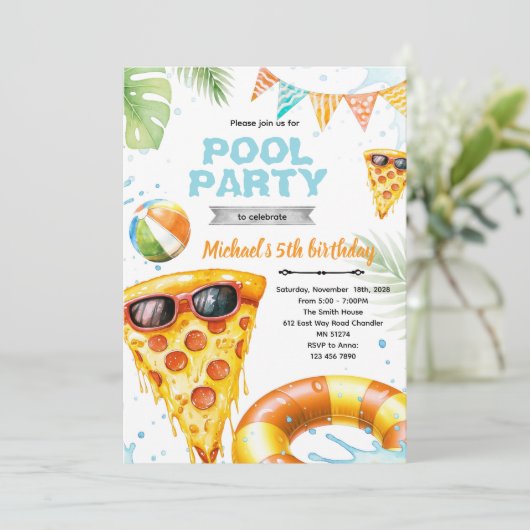 Cute pizza pool party theme invitation 招待状 (スタンド正面)