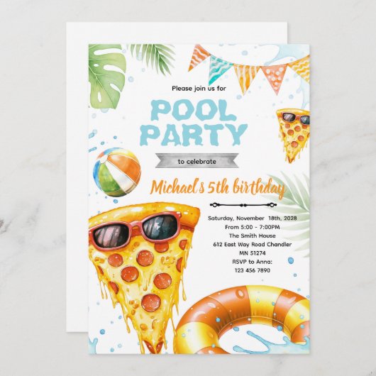 Cute pizza pool party theme invitation 招待状 (正面/裏面)