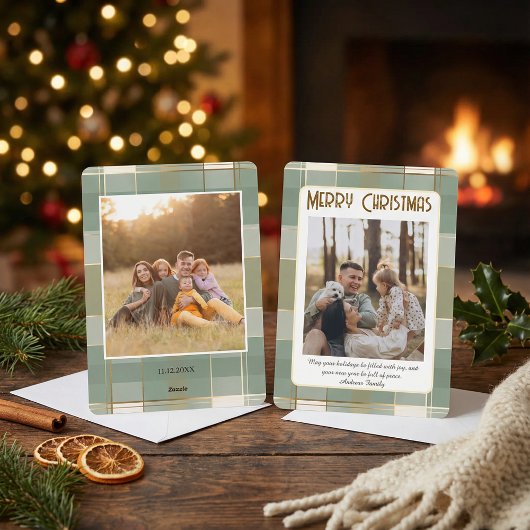 Cute Plaid Christmas Card with Family Photo シーズンカード