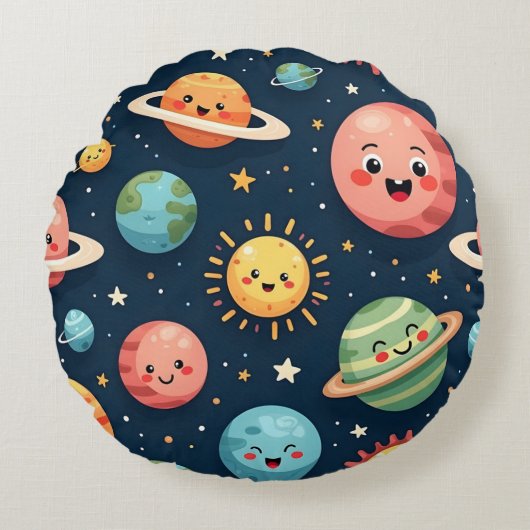 Cute Planets Kawaii Space Round Pillow ラウンドクッション (正面)