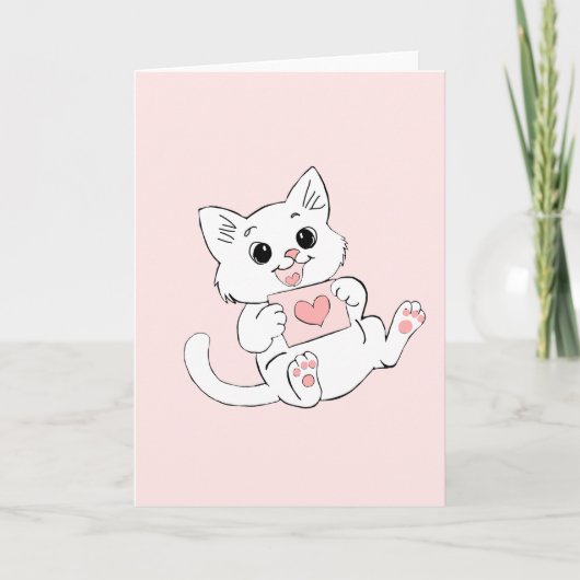 Cute Playful Kitten Holding Valentine Heart Card カード (正面)