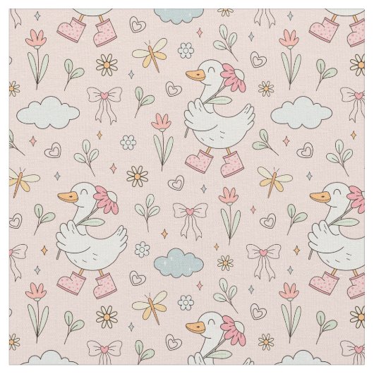 Cute & Playful Silly Spring Floral Goose Pattern ファブリック (クローズアップ)