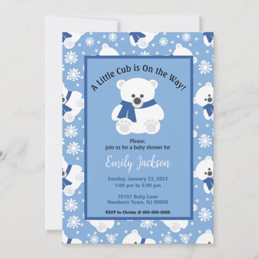 Cute Polar Bear and Snowflakes Baby Shower 招待状 (正面)