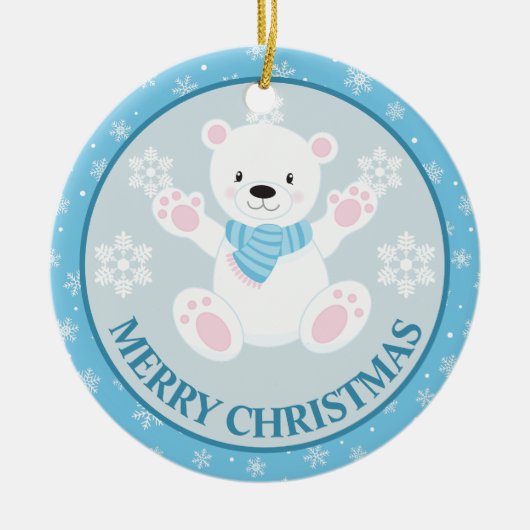 Cute Polar Bear and Snowflakes Blue Christmas セラミックオーナメント (正面)