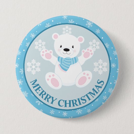 Cute Polar Bear and Snowflakes Blue Christmas 缶バッジ (正面)