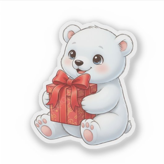 Cute Polar Bear Holding Christmas Present  シール (正面)