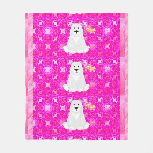 Cute Polar Bear Pink Floral Fleece Blanket フリースブランケット (正面)