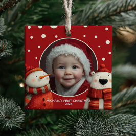 Cute Polar Bear Red First Christmas Baby Photo セラミックオーナメント