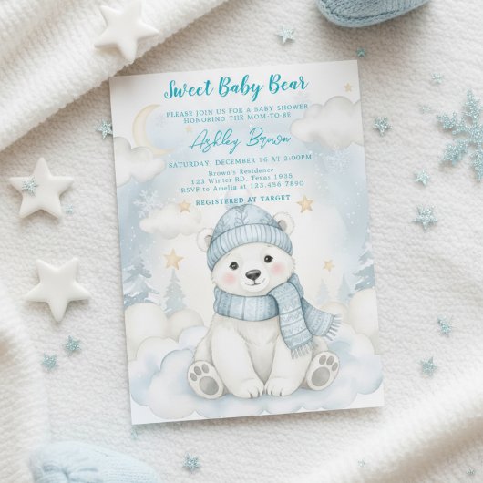 Cute Polar Bear Winter Baby shower Animal Blue  招待状