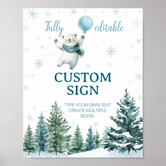 Cute Polar Bear Winter Birthday Custom Sign ポスター (正面)