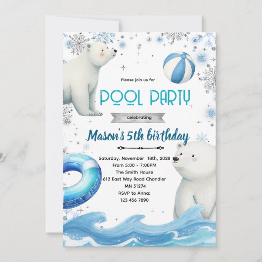 Cute polar bear winter pool theme invite 招待状 (正面)