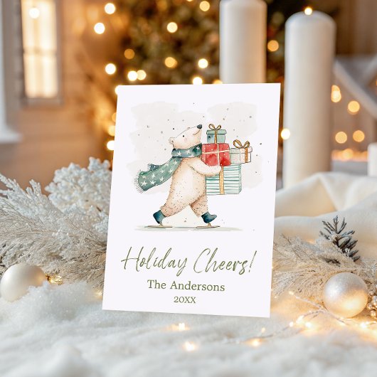 Cute Polar Bear with Gifts Watercolor Cheer シーズンカード