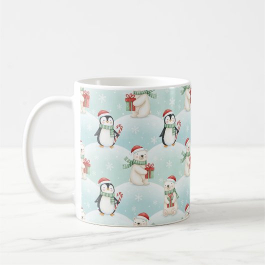 Cute Polar Bears & Penguins Christmas Pattern Mug コーヒーマグカップ (左)
