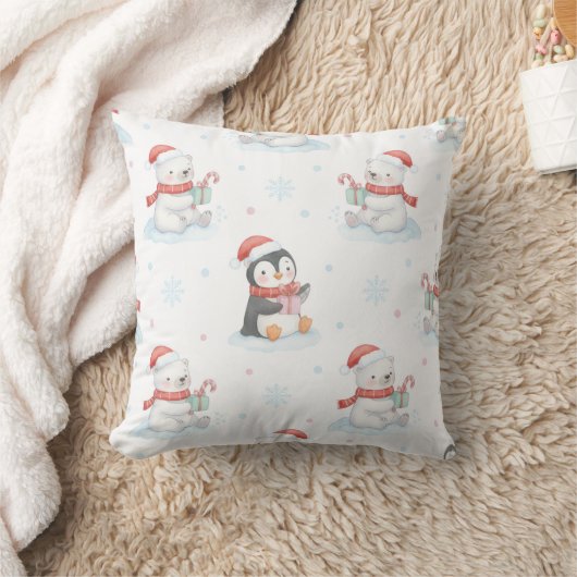 Cute Polar Bears & Penguins Christmas Throw Pillow クッション (ブランケット)