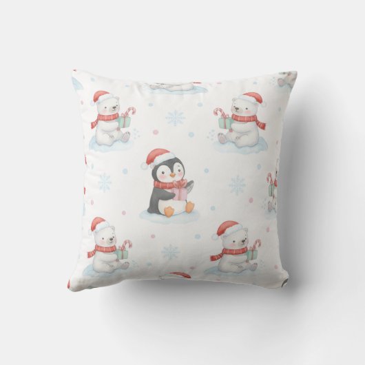 Cute Polar Bears & Penguins Christmas Throw Pillow クッション (裏面)