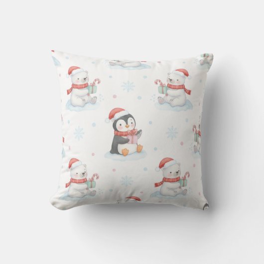 Cute Polar Bears & Penguins Christmas Throw Pillow クッション (正面)