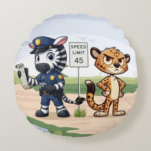 cute police zebra & cheetah ラウンドクッション (正面)