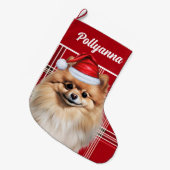 Cute Pomeranian Dog Red White Plaid Custom ラージクリスマスストッキング (正面 (吊り時))