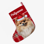 Cute Pomeranian Dog Red White Plaid Custom ラージクリスマスストッキング (裏面 (吊り時))