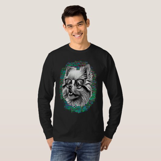 Cute Pomeranian Dog Wearing Nerd Glasses Funny Gra Tシャツ (正面フル)