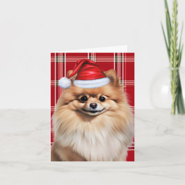 Cute Pomeranian Santa Dog Red White Plaid シーズンカード