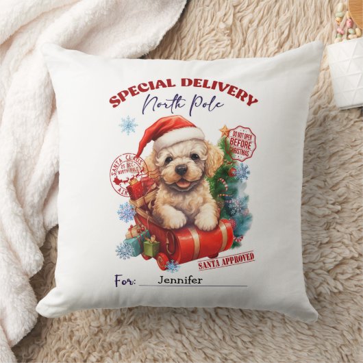 Cute Poodle Christmas Throw Pillow クッション (ブランケット)