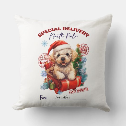 Cute Poodle Christmas Throw Pillow クッション (正面)