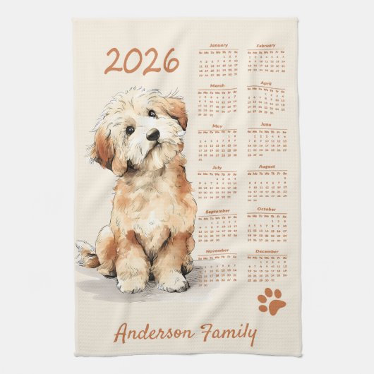 Cute Poodle Dog 2026 Calendar キッチンタオル (縦)