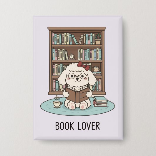 Cute Poodle Puppy Dog "Book Lover" Pastel Button  缶バッジ (正面)