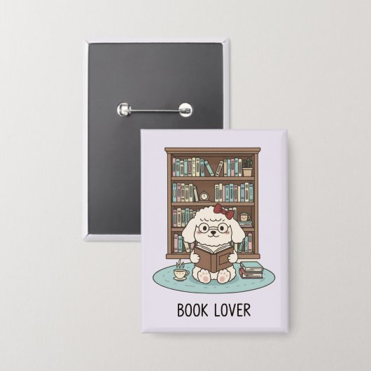 Cute Poodle Puppy Dog "Book Lover" Pastel Button  缶バッジ (正面/裏面)
