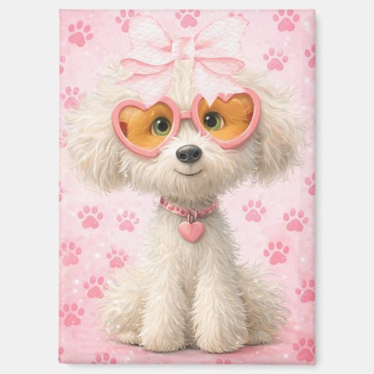 Cute Poodle with Pink Paw Prints and Bow Magnet マグネット (正面)