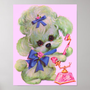 cute poodle with pink telephone ポスター