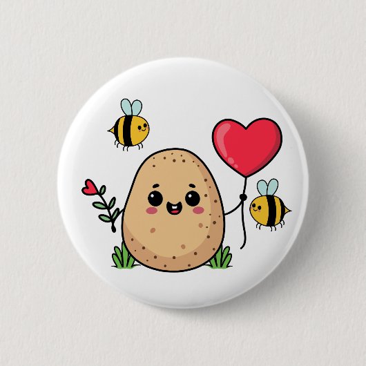 Cute Potato. Red Heart Balloon and Kawaii Bees 缶バッジ (正面)