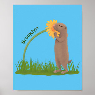 Cute prairie dog sniffing flower cartoon ポスター
