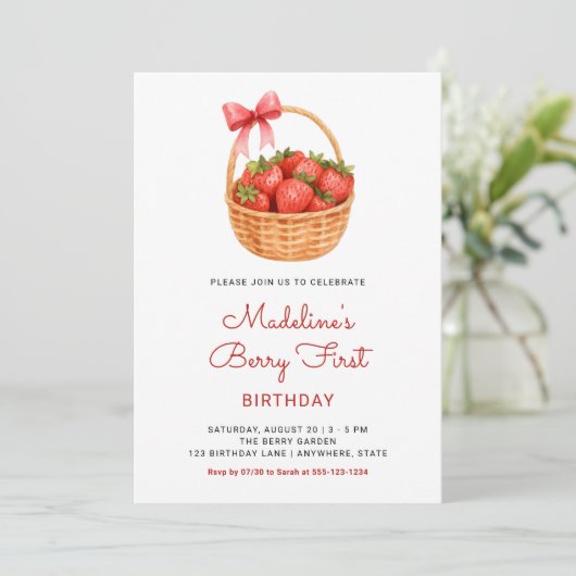 Cute Preppy Berry First Strawberry Birthday 招待状 (スタンド正面)