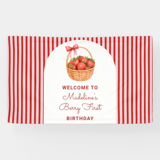 Cute Preppy Striped Berry First Birthday Welcome 横断幕 (横)
