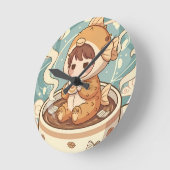 Cute Puffer Fish Coffee & Reading Art ラウンド壁時計 (傾斜)