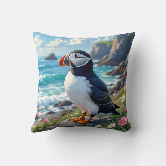 Cute Puffin on the Seashore themed   クッション (裏面)