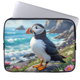 Cute Puffin on the Seashore themed   ラップトップスリーブ