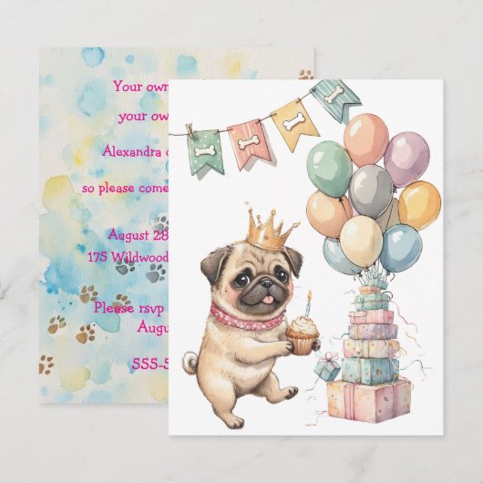 Cute Pug Digital Download Party Invitation 招待状 (正面/裏面)