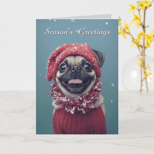 Cute Pug Dog Christmas Card カード (黄色い花)
