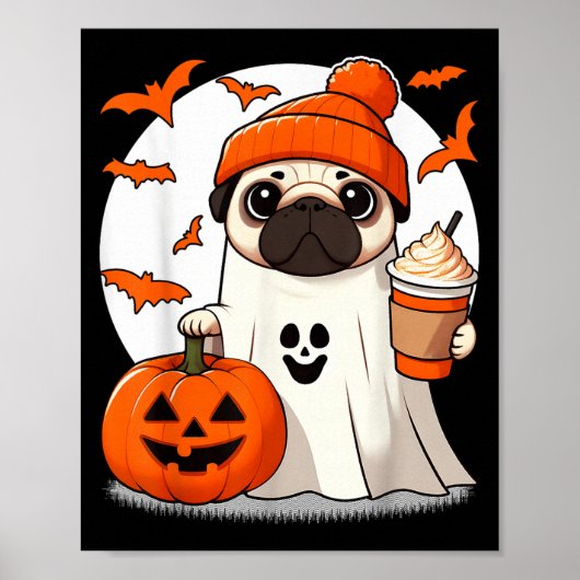 Cute Pug Dog In Ghost Costume Happy Halloween Cost ポスター (正面)