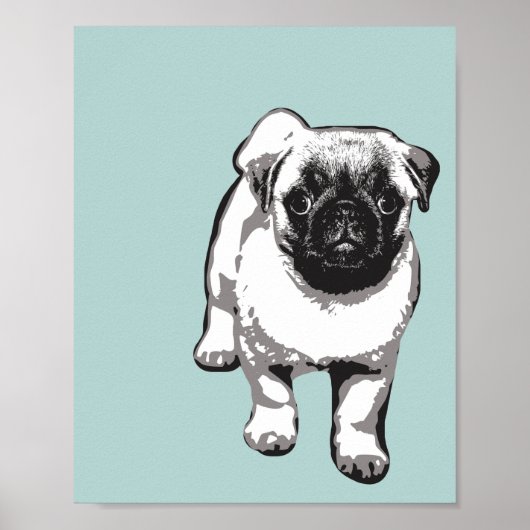Cute Pug Dog Modern Art Poster Green Black & White ポスター (正面)