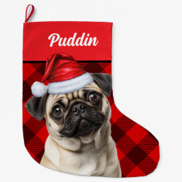 Cute Pug Dog Red Buffalo Plaid Custom ラージクリスマスストッキング