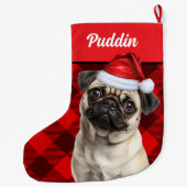 Cute Pug Dog Red Buffalo Plaid Custom ラージクリスマスストッキング (裏面)