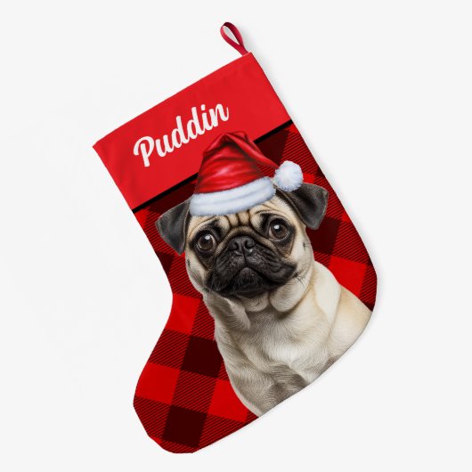 Cute Pug Dog Red Buffalo Plaid Custom ラージクリスマスストッキング (裏面 (吊り時))