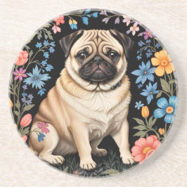 Cute Pug Elegant Colorful Floral コースター