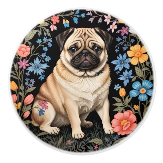 Cute Pug Elegant Colorful Floral セラミックノブ (正面)