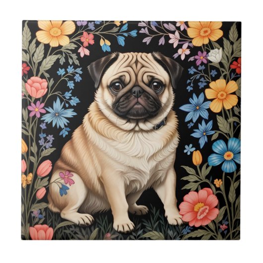 Cute Pug Elegant Colorful Floral タイル (正面)